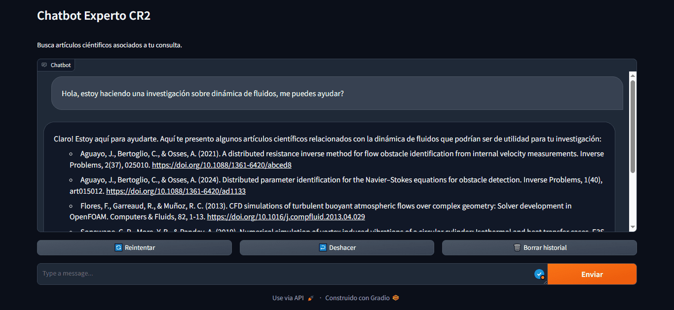 Captura de pantalla del chatbot Experto CR2